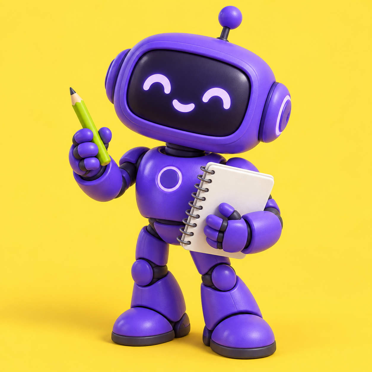 A friendly purple robot holding a green pencil and a notebook